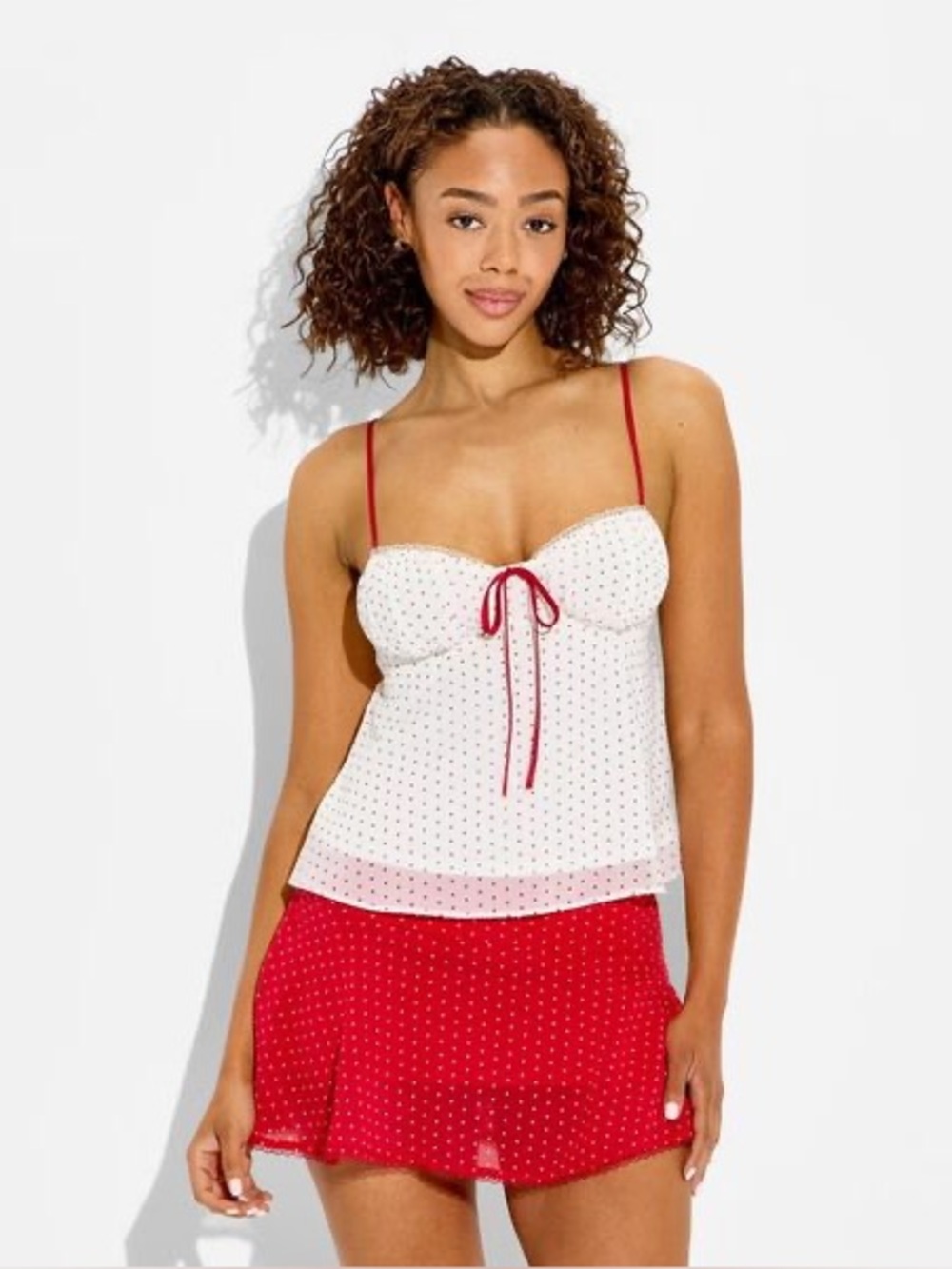 Wild Fable Women's Ruched Cup Open Neck Cami, Medium - Cream Polka Dots